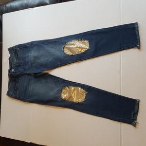 Dollhouse gold sequin patch skinny ankle jean